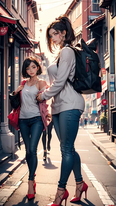 Mature Woman、Hug Shoulder((hug shoulder))Wear tops、Wear low rise skinny jeans、Wear stiletto heels、Carry a cute backpack、smile、Walking around a town popular with young people