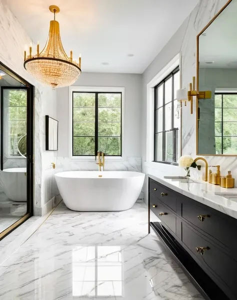 luxurious bathroom with freestanding bathtub, rain shower, heated flooring, marble tiles, brass fixtures, floating vanity with d...