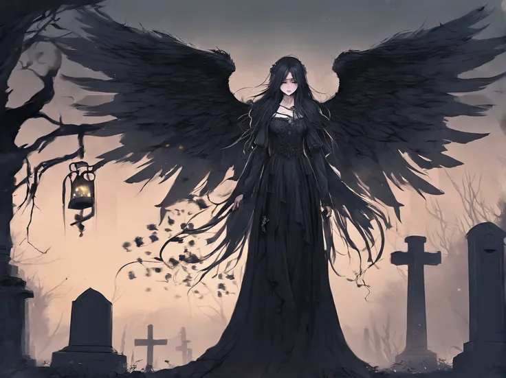 (highest quality,4K,8k,High resolution,masterpiece:1.2),Gothic and melancholic female angel,cry,Anime Style,Detailed blue eyes,long, flowing black hair,Fair and perfect skin,Spread your beautiful wings,Edged with lace、Decorative and shabby black gown,Illum...