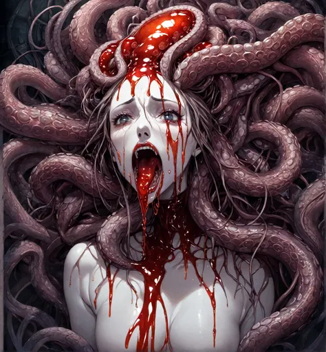 ((best quality)), ((masterpeice))
A porcelain skin woman with inner anatomic slick textured and designed tentacles, and serpent nerves, and veining tendrils bursting from mouth, eye, and throat, wrapping around the womans head tightly, wide open orifices, ...