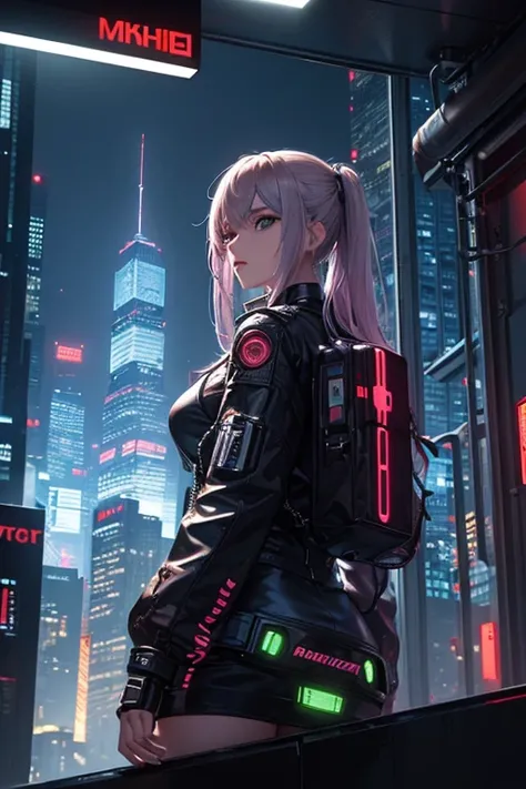 ((top-quality)), (​masterpiece), Cyberpunk City, Depiction of a android girl looking down on the cityscape below from a skyscraper, Cyberpunk Fashion