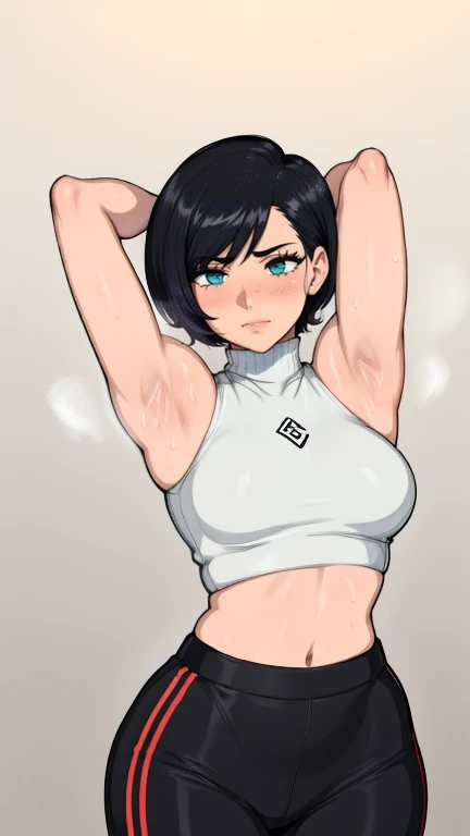 gym background、Super detailed illustrations、seductive smile、masterpiece、highest quality、ultra high resolution、high resolution、(Sweat、body fluid)、shiny skin、black hair、very short hair、color red eyes、white croptop turtleneck、sleeveless、Standing picture、hot p...