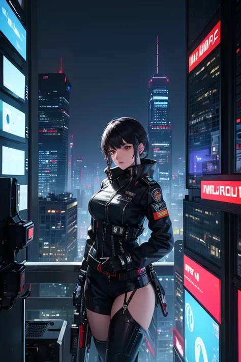 ((top-quality)), (​masterpiece), Cyberpunk City, Depiction of a police girl looking down on the cityscape below from a skyscraper, Cyberpunk Fashion