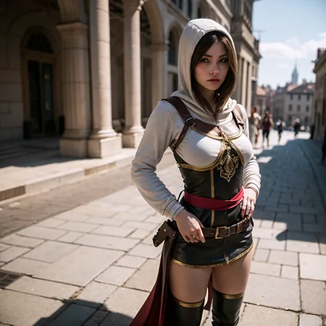 A full-body shot of depraved Princess Zelda, brown hair, blue eyes, dressed as an Assassin from Assassins Creed, in white+gold witha white mask and hood with gold details, XL bust, using a wrist blade. Background: A city during the renaissance period. Unre...