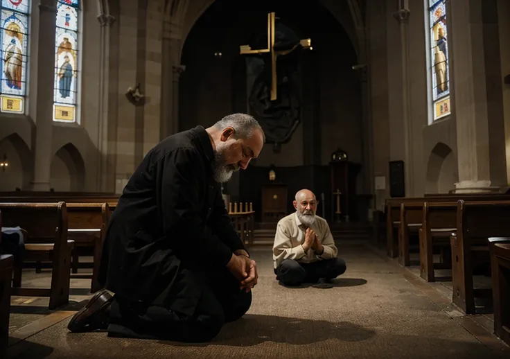 Padre Pio alone kneeling praying inside a church