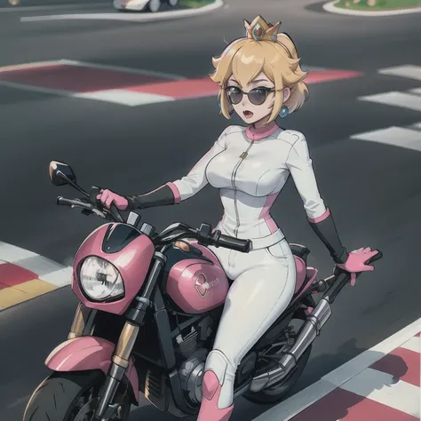 moterbike motorcycle riding , 1girl, princess_peach_mariokart_outfit, white and pink motorcycle suit, short blonde hair, bright ...