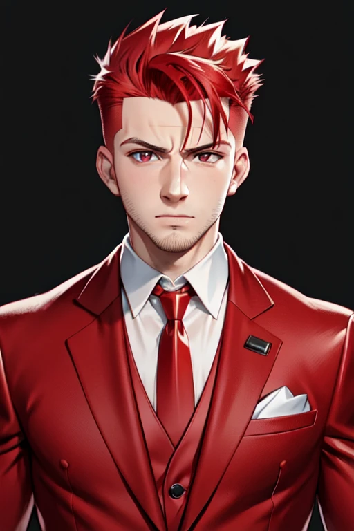 4k, hdr, man, red hair, shaved face, young, spikey hair, red tuxedo, red eyes, red lightning, red tie