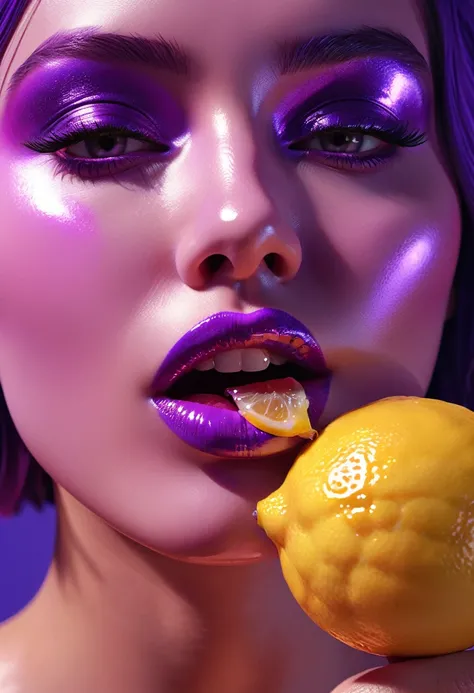 pop art piece featuring an individual with voluminous metallized features savoring lemon juice, lips appear exaggeratedly juicy,...