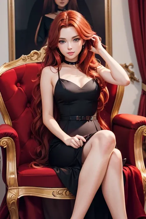 beautiful redhead with brown eyes and long hair wearing an elegant red and black dress sitting on a chair inside a stylish room ...