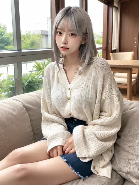 Natural Lip,Japanese,1 person,Silver Hair,Silver Hair,Long Hair,Calm interior,Sit on the sofa,Summer clothes