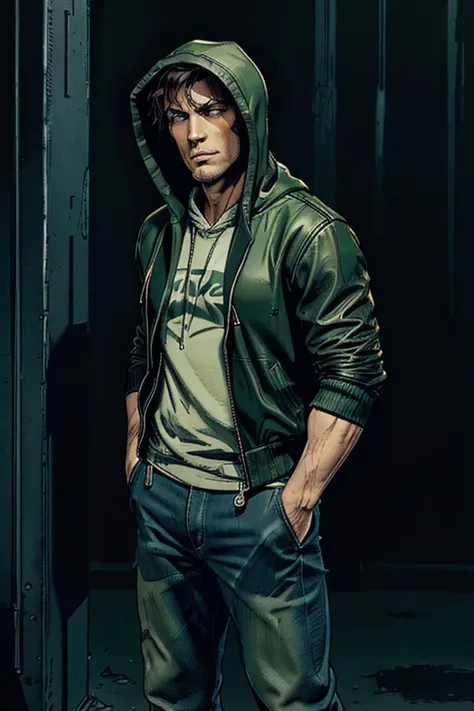 Man in hoodie Hooded And on top of that, and on top green Dark leather jacket on top and darkened face cap and jeans and converse sneakers Heroic Presence Serious and strong pose Standing Rolled-up sleeves Standing Rolled-up sleeves, open jacket