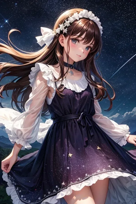 CG de alto detalle，ricos detalles，Bajo las estrellas por la noche，vino tinto，dress normally，abrigo blanco，chicas exitosas，Lleva un collar exagerado，long brown hair，sentado en el suelo，El arte de fichar