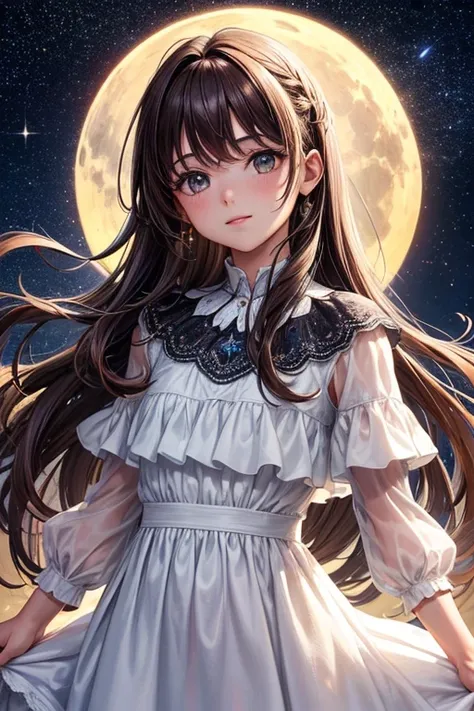 CG de alto detalle，ricos detalles，Bajo las estrellas por la noche，vino tinto，dress normally，abrigo blanco，chicas exitosas，Lleva un collar exagerado，long brown hair，sentado en el suelo，El arte de fichar