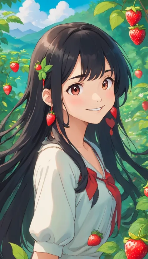 Black long hair girl, her hair is half tied and using MINI Strawberry shaped hair clips. Look at the camera, smile untill her eyes. Using NECKLACE WITH cherry pendulum on it. The picture took half of her body with garden as her background.