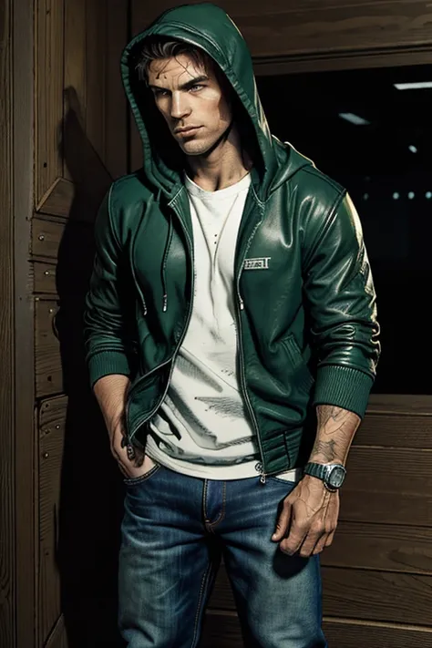 Man in hoodie Hooded And on top of that, and on top green Dark leather jacket on top and darkened face cap and jeans and converse sneakers Heroic Presence Serious and strong pose Standing Rolled-up sleeves Standing Rolled-up sleeves, open jacket, Converse ...