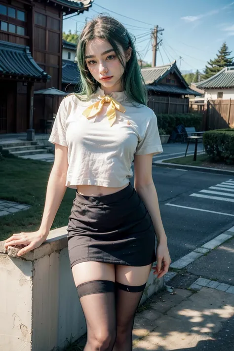 1girl, tarankaaa, standing position, perfect body, best quality, 32k, photograph, full body (head to toe), tone mapping, Sonozaki Shion, ((Sonozaki Shion, green hair, green eyes, long hair)), ((yellow ribbon, white shirt, blue necktie, blue skirt, black kn...