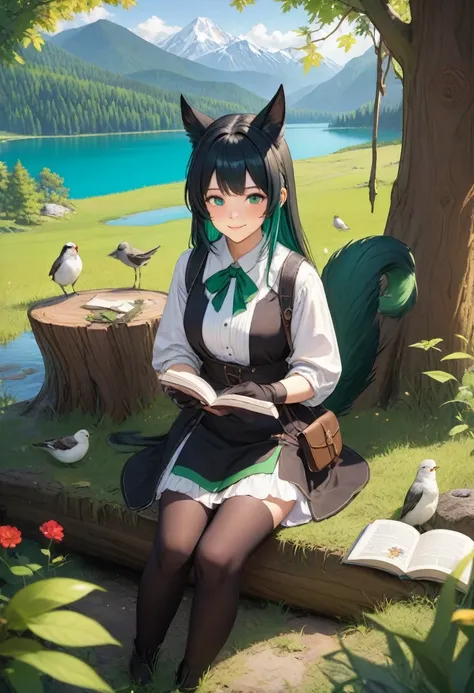 masterpiece, highest quality,, one girl, sitting, animal, animal ears, bird, black_hair, book, bookmark, branch, gloves, grass, ...