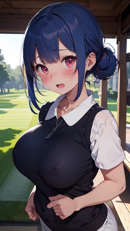 mastute piece,Best Quality,insanely detailed,8k cg,nsfw,
shoot upper body,(body in front:1.1),
1girl,standing,looking at viewer,Proudly、(upright:1.3),(Golf Wear),
break,blush,shy,(trembling:1.2),break,(Blue Hair),(large breasts),Short:1.2、(open mouth:0.9),...