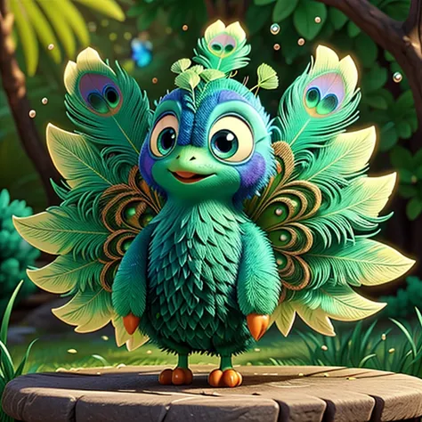 Very cute appealing Chibi Peacock backside Broccoli like feathers, looking at the viewer, googly eyes, happy, droplets, macro, sunlight, fantasy art, dynamic composition, dramatic lighting, epic realistic, award winning illustration