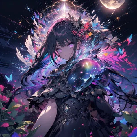 ((Fantasy　Long Hair　Pink Eyes　Rainbow Hair　Black Dress　Archangel))　((night　Western style　Shining Aura　Face is close　Standing in a flower field))Distorted Space-Time　explosion　rupture　Hold the crystal and hold it up to the sky　Broken glass　Big ribbon　Big Mo...