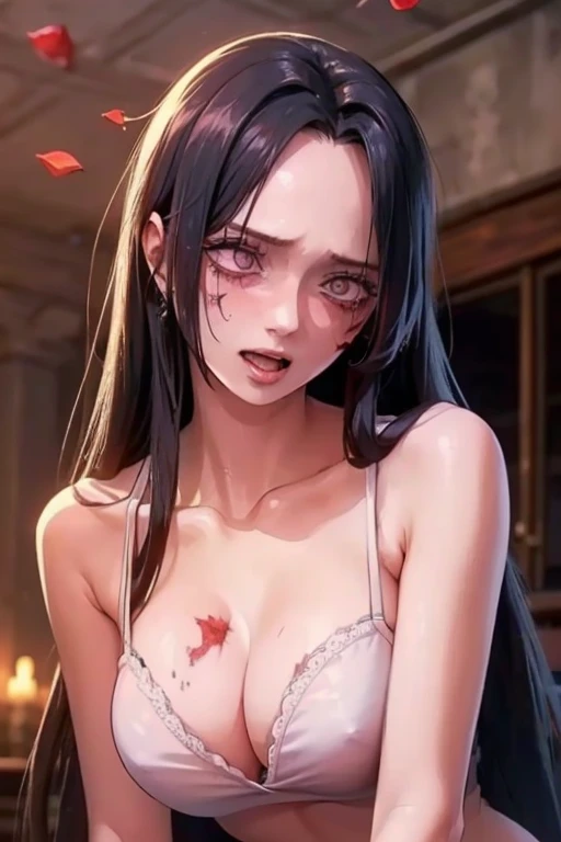 best quality, masterpiece, highly detailed,1girl, ((rose)), (vine), cage, bandage, red rope, (detail light), falling rose petals, Boa Hancock, , (masterpiece:1.5), Detailed Photo, Smiling, Sexy, (8K, Best Quality: 1.4), (1girl), Beautiful Face, (anime real...