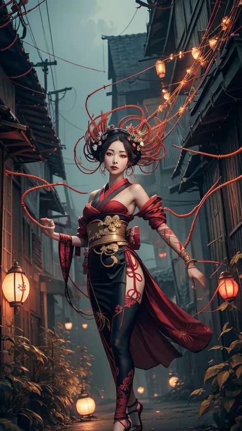 floating  Geisha cenobite  hybrids made of wires, cables, and electronics, wrapped in red gold vines with wires blending into the surroundings, flying  in mid-air, dynamic pose, surrounded by thorny tentacles, creating a mysterious atmosphere. Full-length ...