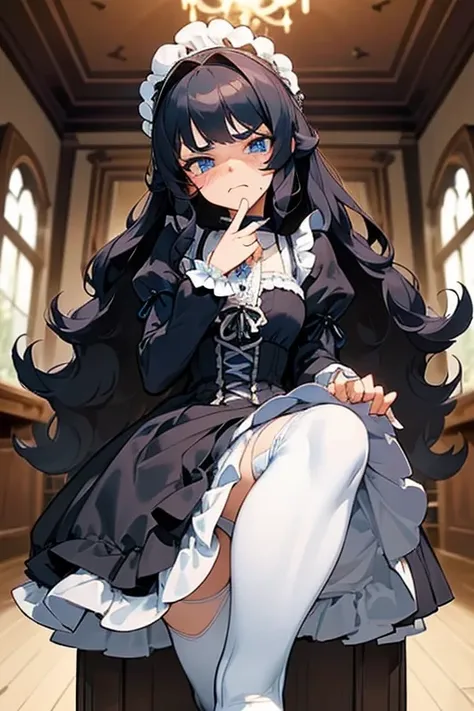 (masterpiece, best quality), warm lighting, blurry foreground, ((White ruff)), 1 girl, cowboy shot, ((victorian outfit)), (lolita attire), (((fluffy hair))), makeup, finely detailed, (best quality), (intricate details), ((Long jet black hair)), ((Hair is f...