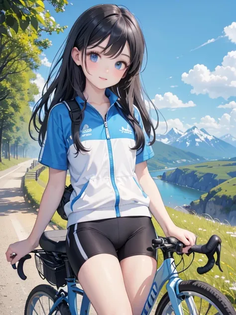 masterpiece, highest quality, Very detailed, 16k, Ultra-high resolution, Wide-angle shot, 12-year-old girl, Detailed face, Perfect Fingers, black eye, Black Hair, Sportswear, blue sky, Mountain trail, Cycling Paths, ride a bicycle