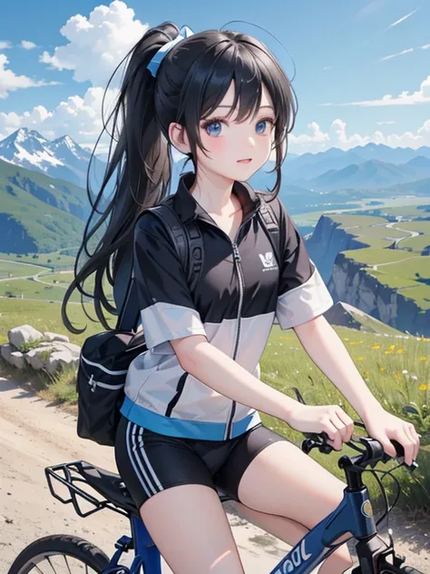 masterpiece, highest quality, Very detailed, 16k, Ultra-high resolution, Wide-angle shot, 12-year-old girl, Detailed face, Perfect Fingers, black eye, Black Hair, ponytail, Sportswear, Helmet, blue sky, Mountain trail, Cycling Paths, Ride a bike