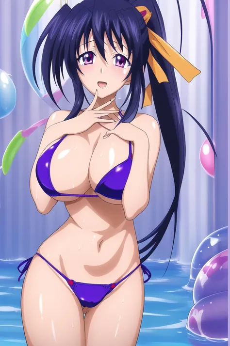 Himejima Akeno, black hair, pink eye, とても長いhair,hair_between_eye,ponytail,黄color_hair_ribbon,(((青のbikini)))，Quite embarrassing，bikini，
1 girl, 20 years,young woman,beautiful Finger,beautiful long legs,beautiful 体,beautiful Nose,beautiful character design, ...