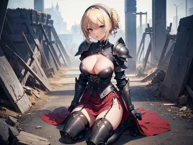 slender, mature female, 1girl, breasts, blue_eyes, solo, blonde_hair, torn_clothes, large_breasts, armor, short hair, hair up, tied hair, hairband, cleavage, thighhighs, boots, thigh_boots, shoulder_armor, looking_at_viewer, sitting, hair_between_eyes, kne...