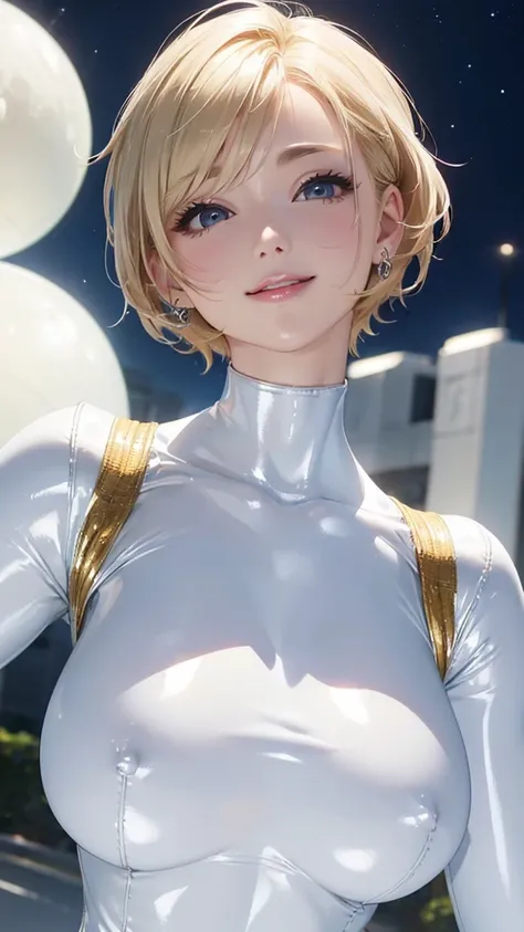 (Woman close up)、((Depiction of the upper body))、((30-year-old female))、Very large breasts、A cheerful smile、Very short blonde hair、(Open your mouth a little、High resolution、16k))、(((A very shiny white bodysuit)))、Night Park、