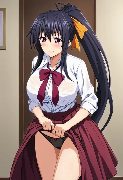 System Deep_Akeno, One girl, 一人in, length_hair, Looking_in_iniewer, smile, big_chest, shirt, black_hair, ribbon, hair_between_eye, inery_length_hair, School_uniform, purple_eye, hair_ribbon, white_shirt, ponytail, short_sleeines, indoor, head_ribbon, expen...