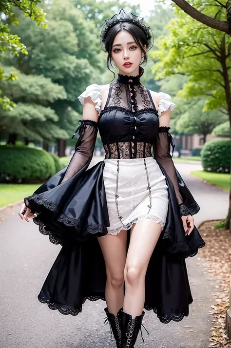 sexy stylish Spanish model, only 1 female, ((doll-like appearance)), ((ultra detailed Victorian-Style boots)), vivid smile, ultra detailed eyes, vivid eye makeup, lipgloss, long lashes, defined eyebrows, ((sexy Paradise Kiss cosplay)), bell-shaped skirt, p...