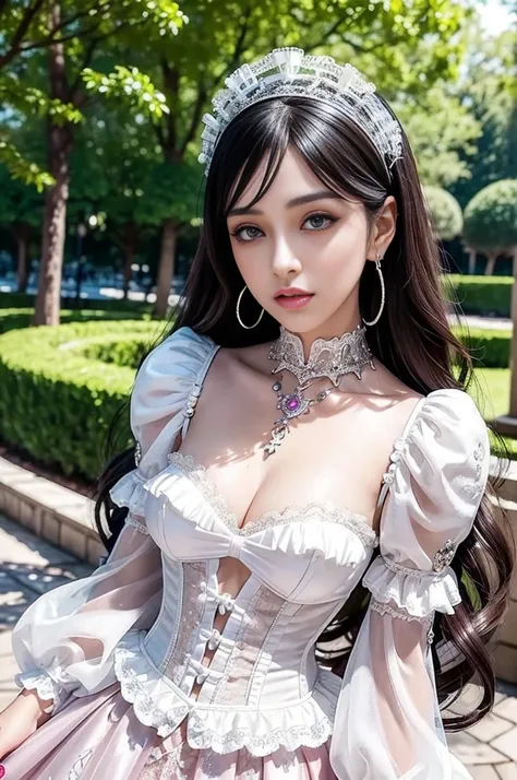 sexy stylish Spanish model, only 1 female, ((doll-like appearance)), ((ultra detailed Victorian-Style boots)), vivid smile, ultra detailed eyes, vivid eye makeup, lipgloss, long lashes, defined eyebrows, ((sexy Paradise Kiss cosplay)), bell-shaped skirt, p...