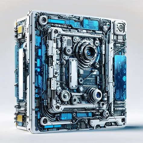 (metal card:1.5), digital art，cyberpunk，(white ceramic housing:1.5)，blue transparent glass，3d rendering，ray tracing，reasonable s...