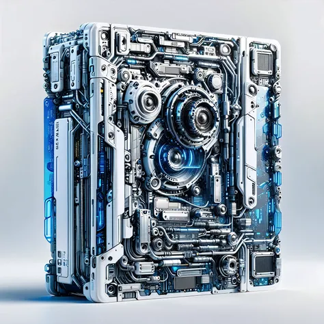 (metal card:1.5), digital art，cyberpunk，(white ceramic housing:1.5)，blue transparent glass，3d rendering，ray tracing，reasonable s...