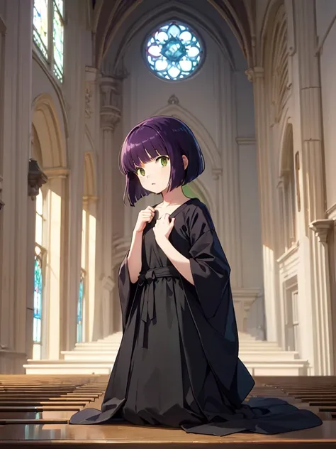 masterpiece, best quality, 1 girl, solo,  (flat chest), shinobu miyake, long hair, bangs, purple hair, (green eyes:1.5), bob cut...