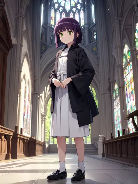 masterpiece, best quality, 1 girl, solo,  (flat chest), shinobu miyake, long hair, bangs, purple hair, (green eyes:1.5), bob cut, Monastic Clothes, church, full body,