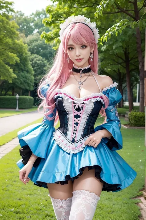 sexy stylish Swedish model, only 1 female, ((doll-like appearance)), long neon pink stylish hair, ((ultra detailed Victorian-Style boots)), (big smile), ultra detailed eyes, lipgloss, long lashes, defined eyebrows, ((sexy Paradise Kiss cosplay)), bell-shap...