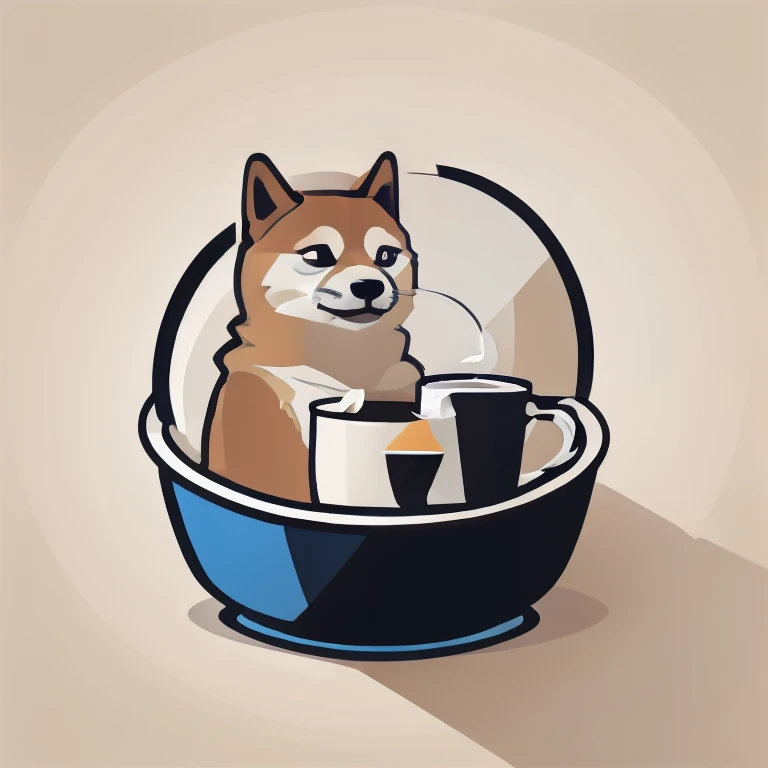 flat vector art logo, logo for doge sitting in a cup of coffe, meme, funny, humor, simple background