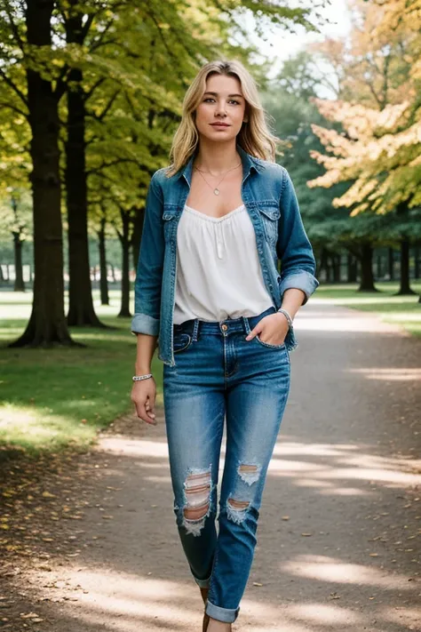 Foto einer Frau, Strukturierte Haut, blonde glatte haare, kariertes Flanellhemd mit Distressed-Boyfriendjeans, Cowboy-Schuss, Im Park spazieren, perfekte Augen, (Kerzenlicht,Chiaroscuro), 160 Farbhalter, gedreht mit ARRI ALEXA 65, bokeh, scharfer Fokus auf...