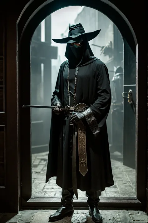 A plague doctor wearing a black plague mask and holding a sword stands outside a dark door。