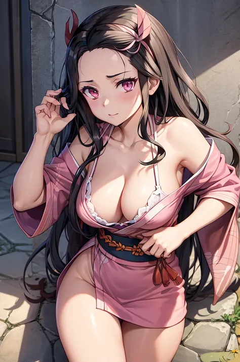 1girl, 1girl nezuko full body, Nezuko Kamado, Nezuko Kamado demon slayer, kamado nezuko, (anime: demon slayer), sexy, female body, perfect body, fullbody, pink enchanting eyes, dark black hair, black hair, black long hair, sexy, perfect body, wearing: reve...