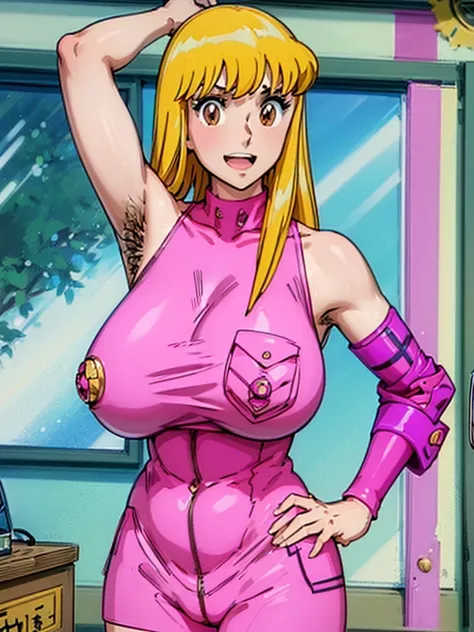 (Reiko Akimoto, solo), (sleeveless, pink police uniform), embarrassing big smile, (masterpiece, best quality), delicate illustration ultra-detailed, sagging huge breasts, (in police box, desk), ((showing hairy armpit hair)), upper body only, sweating, hand...