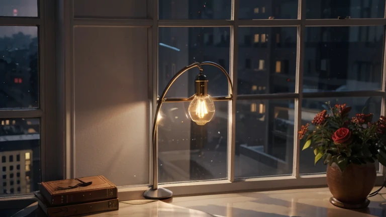 Heart shaped lamp placed on top of the table by the window. Nighttime. Realistic. High definition.