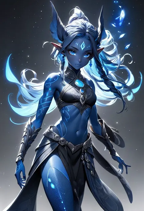 A full-length blue humanoid avatar with bioluminescent freckles and patterns on the skin. Pointed elf ears. Avatars hair, black in color, sparkling blue eyes, slightly shimmering iridescent blue skin. Female gender, warrior-like, magical and mystical, deta...