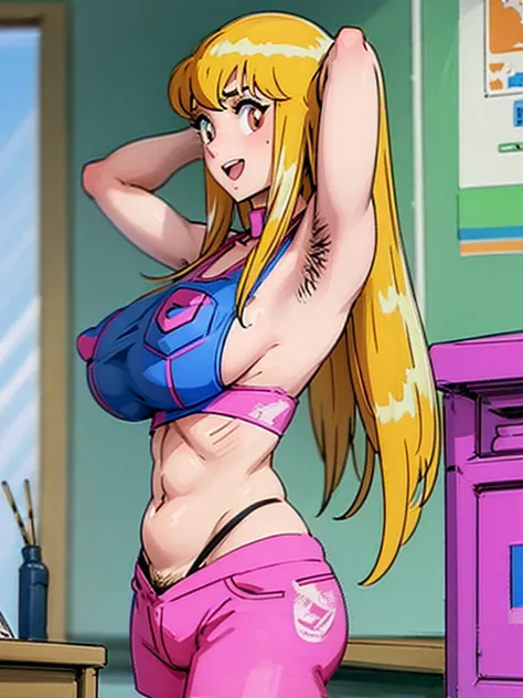 (Reiko Akimoto, solo), (sleeveless, pink police uniform), embarrassing big smile, (masterpiece, best quality), delicate illustration ultra-detailed, sagging gigantic huge breasts, (in police box, desk), ((showing hairy armpit hair)), upper body only, sweat...