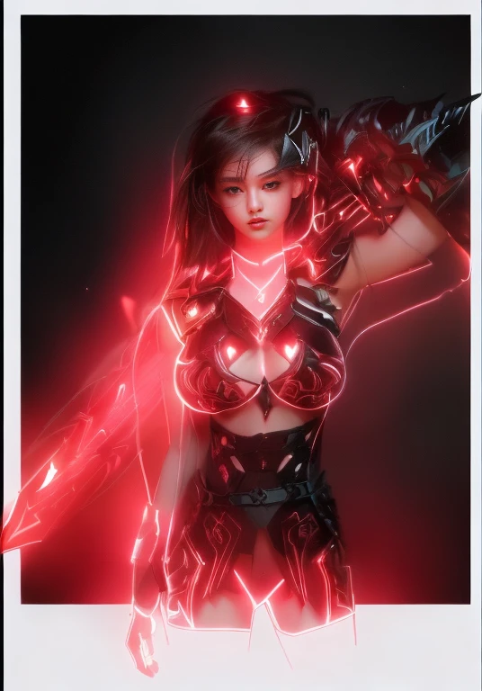 a ultra beautiful girl, with a black techno fantasy armor and a great sword in the back, cute, 12k, uhd, photorealistic,  red lights decourations, black short hairs, ((european white race)), (ultra beautiful gorgeous realistic), naked belly and (naked arms...