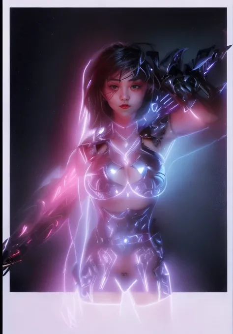 a ultra beautiful girl, with a black techno fantasy armor and a great sword in the back, cute, 12k, uhd, photorealistic,  red lights decourations, black short hairs, ((european white race)), (ultra beautiful gorgeous realistic), naked belly and (naked arms...